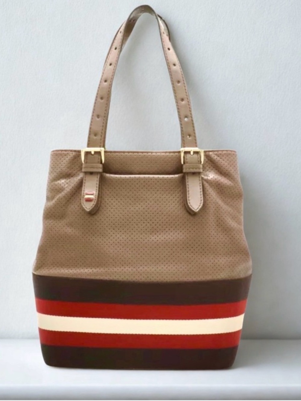 Bally Udine Unisex Tote Soft Brown Leather Signature Red Stripe Luxury Bag